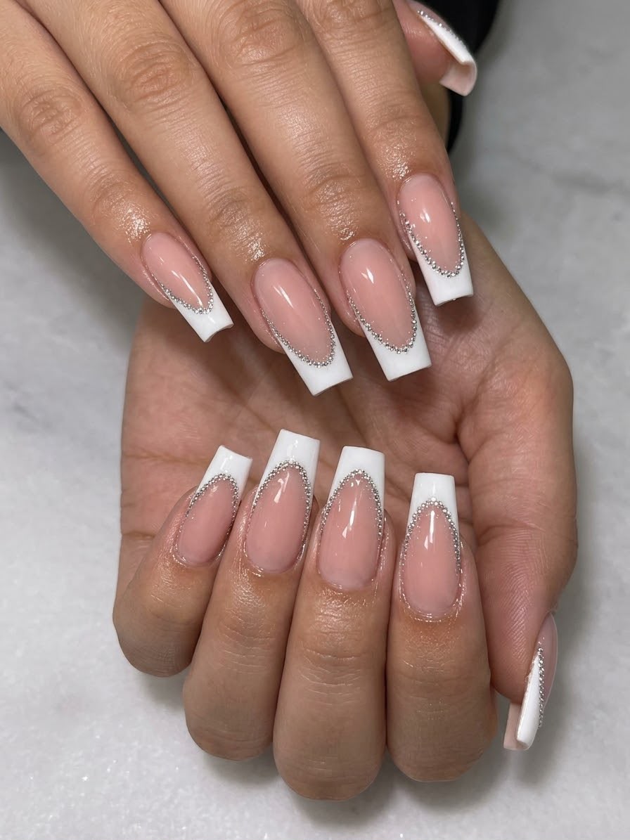 Glittery French Square Shaped Press-On Nails