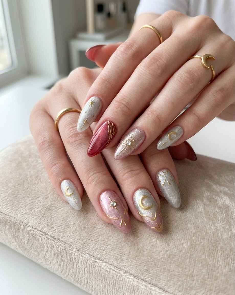 Starry Pink and White Cateye Almond Shaped Press-On Nails