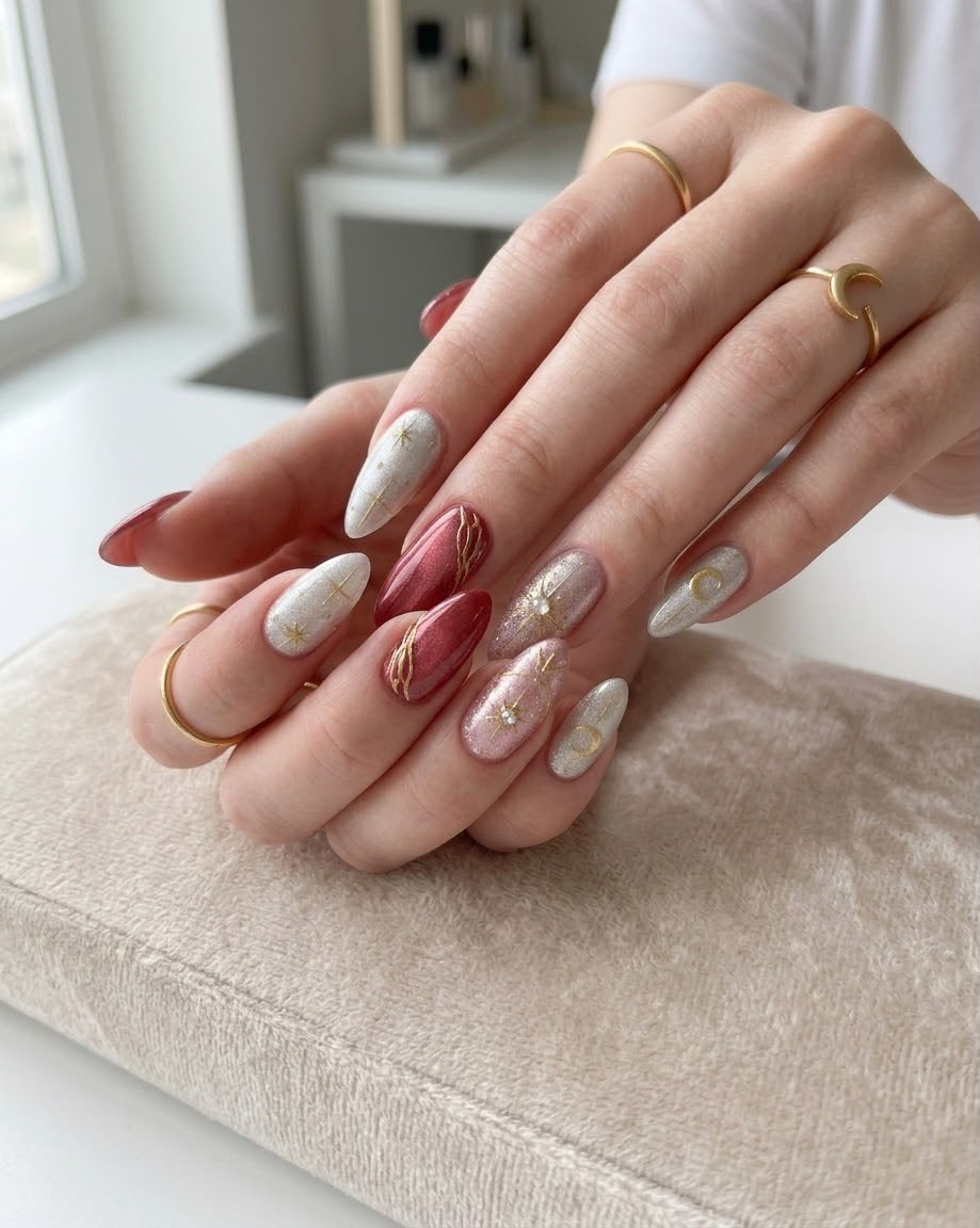 Starry Pink and White Cateye Almond Shaped Press-On Nails