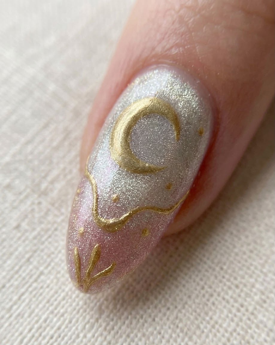 Starry Pink and White Cateye Almond Shaped Press-On Nails