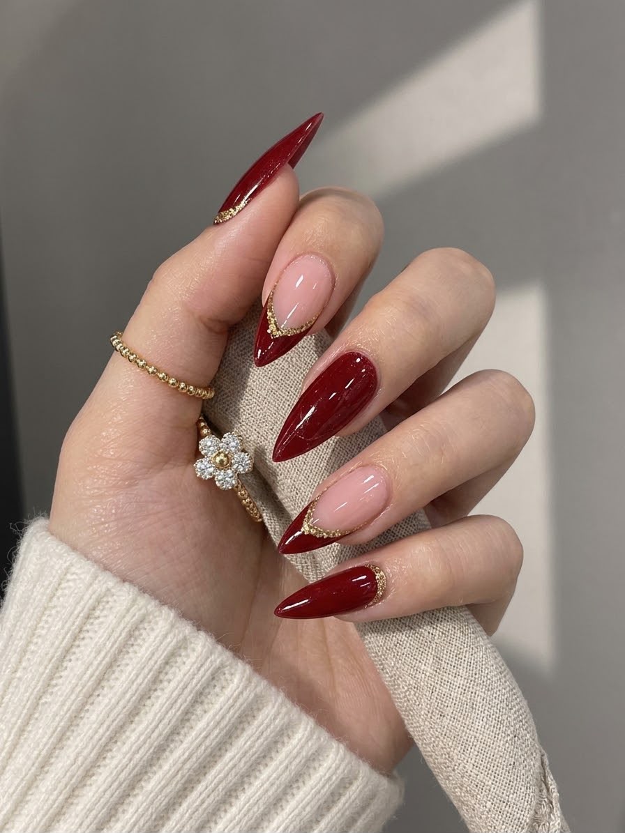 Luxury Red Glittery Almond Shaped Press-On Nails