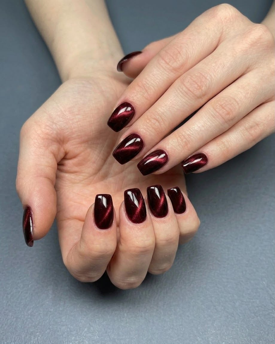 Luxury Red Cat Eye Square Shaped Press-On Nails
