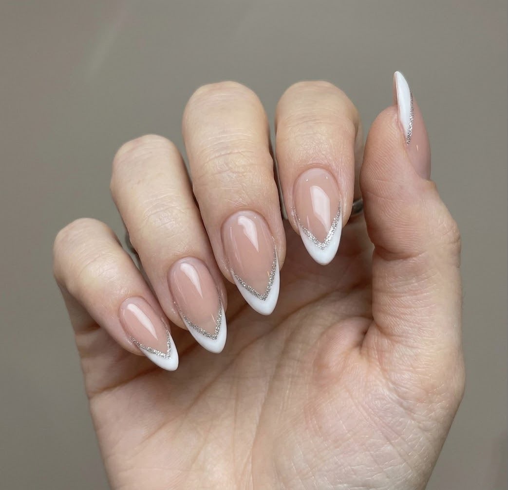 Glittery French Almond Shaped Press-On Nails