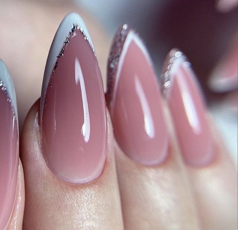 Glittery French Almond Shaped Press-On Nails