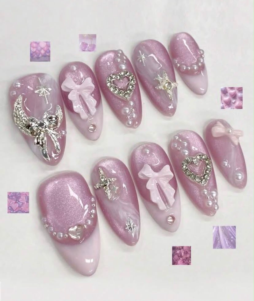 Luxury Pink Barbie Themed 3D Handmade Almond Shaped Press-On Nails