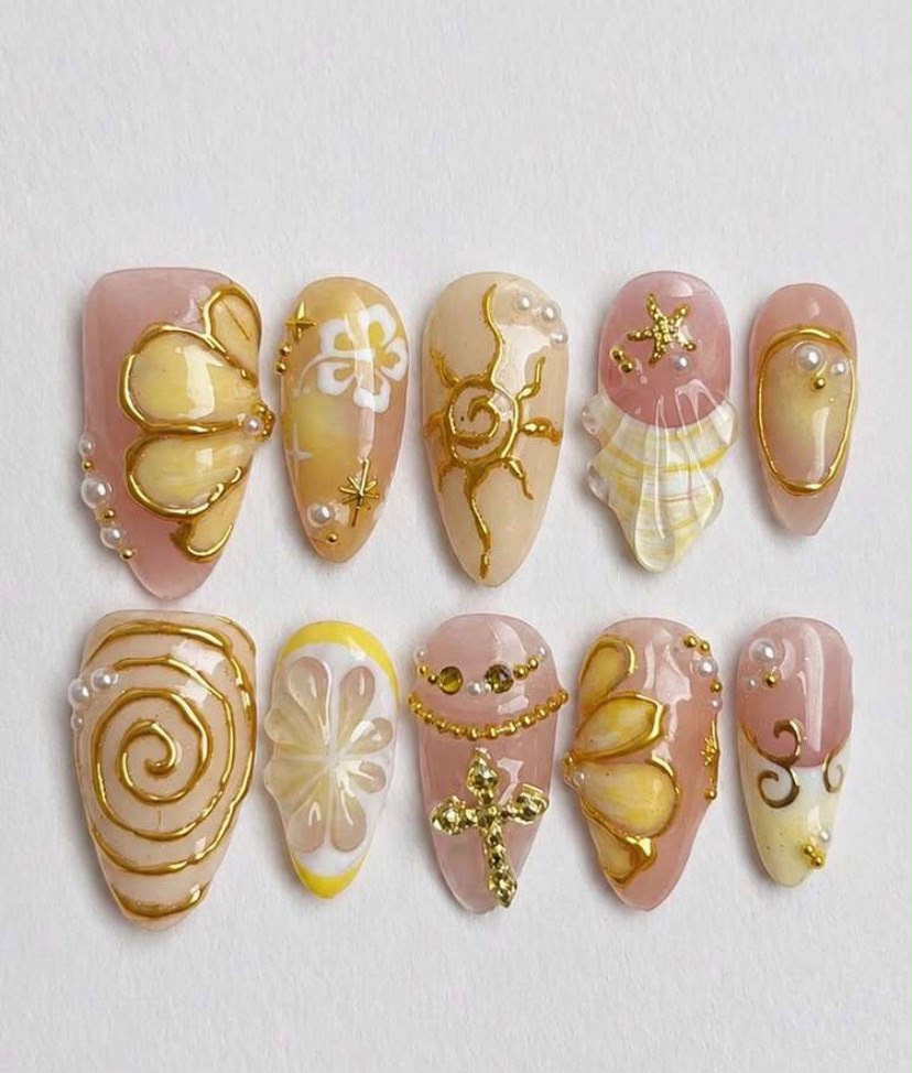 Luxury Yellow Themed Handmade Almond Shaped Press-On Nails