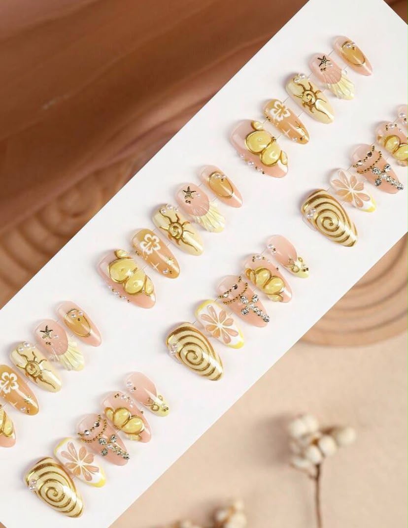Luxury Yellow Themed Handmade Almond Shaped Press-On Nails