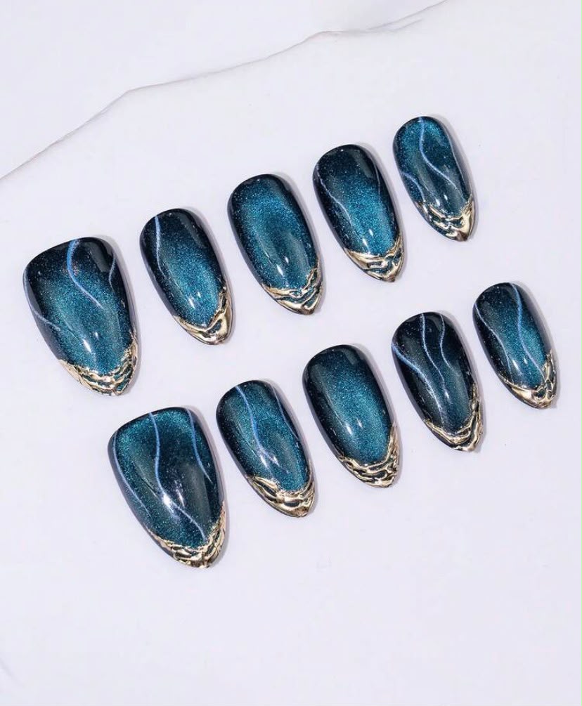 Teal Cat Eye with Golden French Almond Shaped Press-On Nails