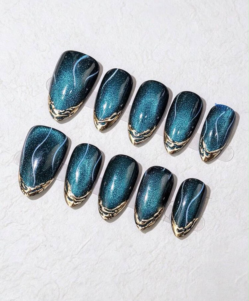 Teal Cat Eye with Golden French Almond Shaped Press-On Nails