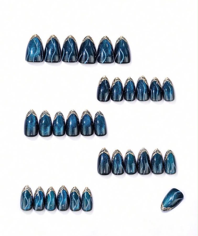 Teal Cat Eye with Golden French Almond Shaped Press-On Nails