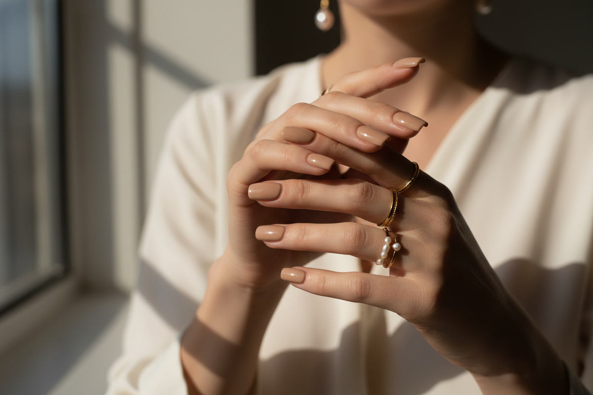 AVYRA Soft Hour Press-On Nails — elegant hands with nude-rose manicure