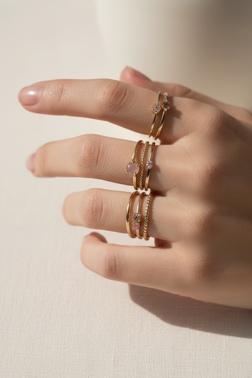 AVYRA Thin Air Stacking Rings — delicate gold bands stacked on feminine fingers